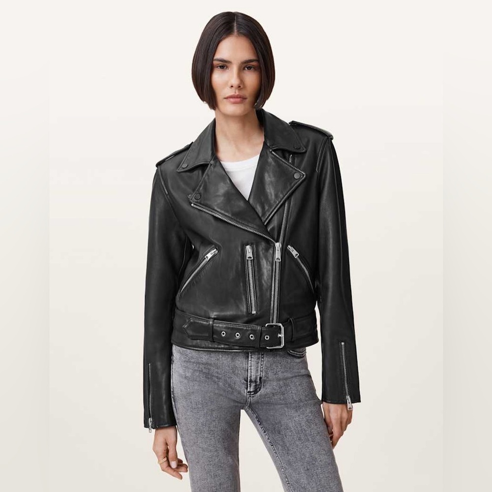 All Saints Black Leather Motorcycle Jacket Asymmetrical Zipper